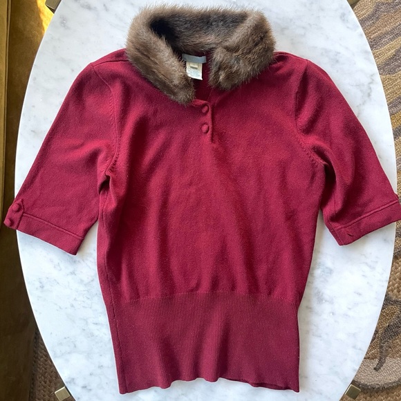 Urchin Silk&Cashmere Short Sleeve Sweater w/Faux Fur Collar, cranberry, S - Picture 9 of 12